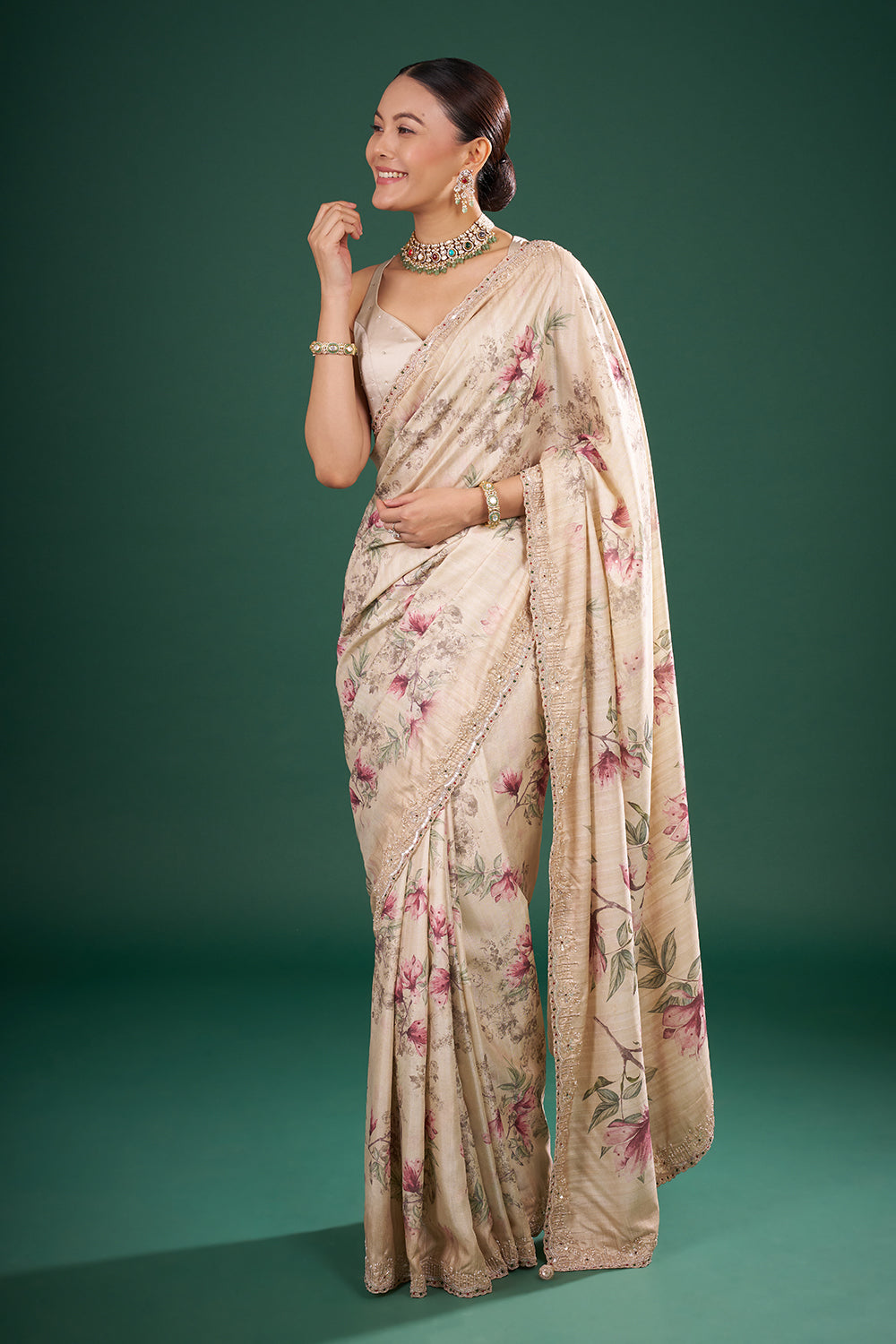 Cream Silk Saree with Floral Print and Unstitched Blouse