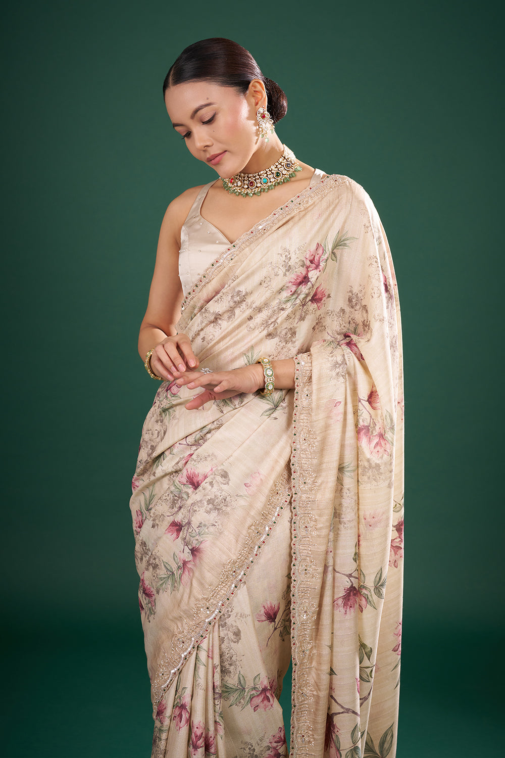 Cream Silk Saree with Floral Print and Unstitched Blouse