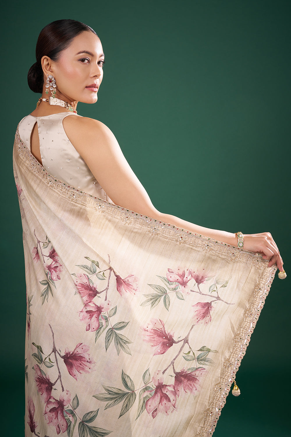Cream Silk Saree with Floral Print and Unstitched Blouse