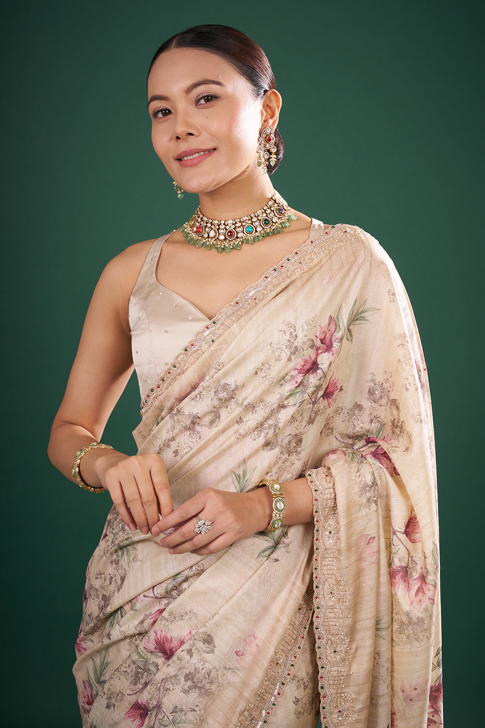 Cream Silk Saree with Floral Print and Unstitched Blouse
