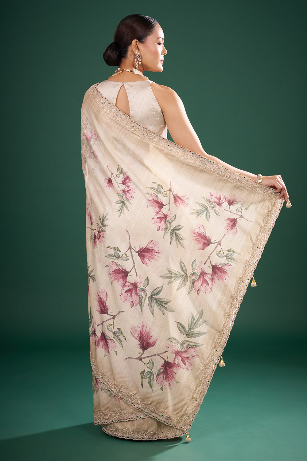 Cream Silk Saree with Floral Print and Unstitched Blouse