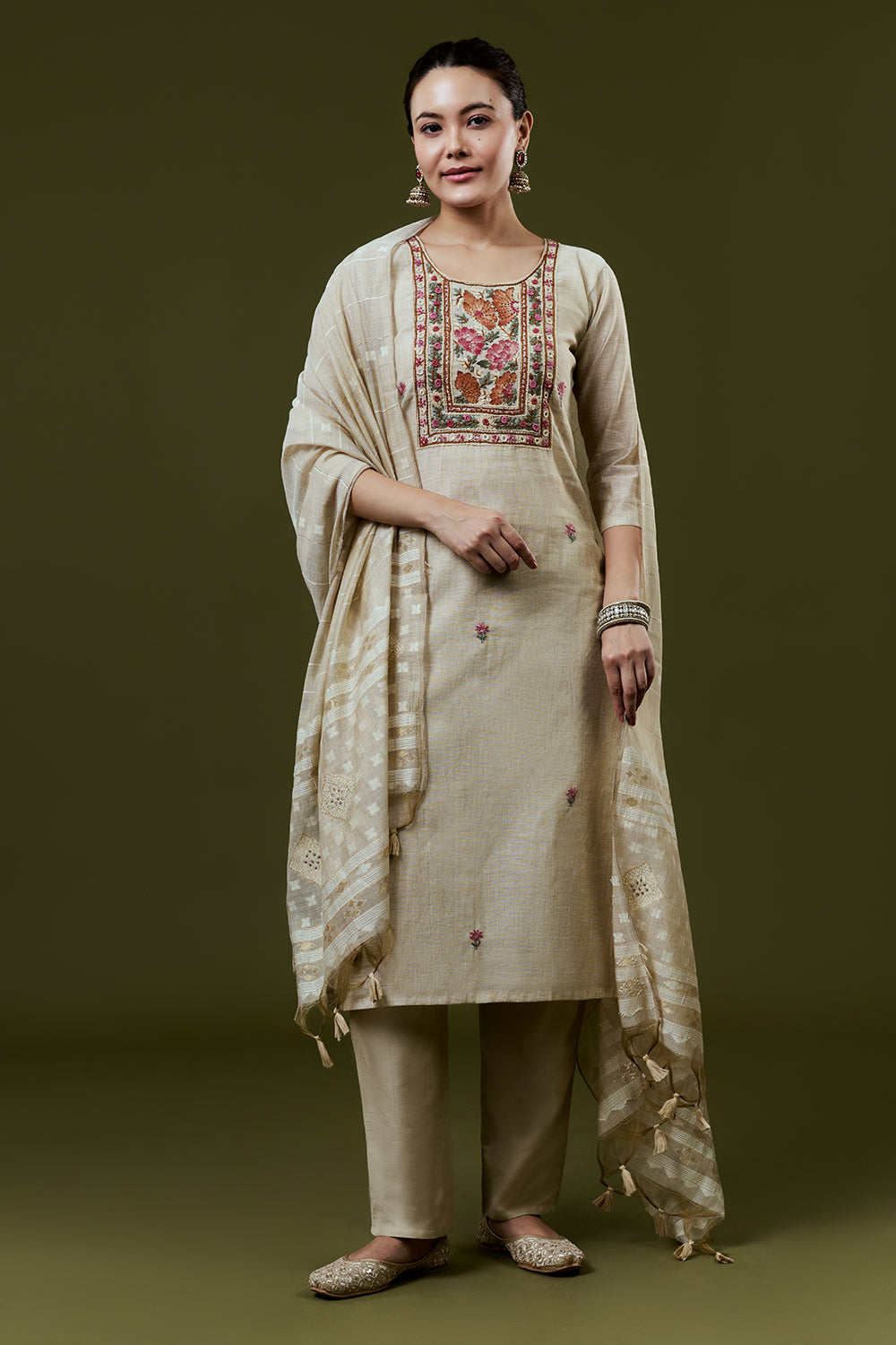 Cream Silk Suit Set With French Knot and Embroidery Work