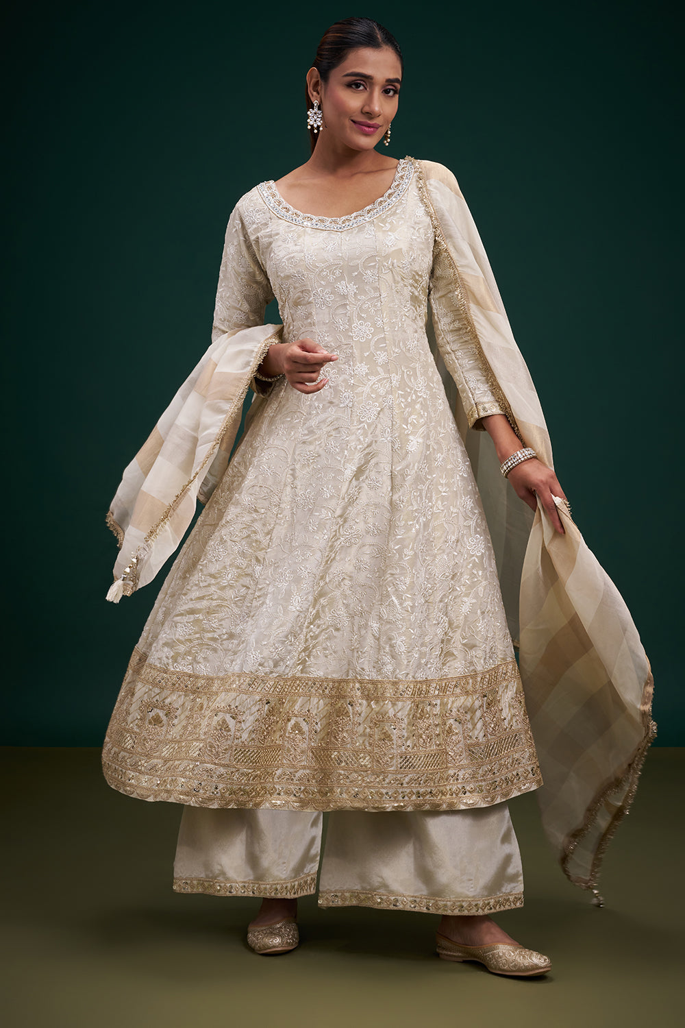 Cream Tissue Anarkali Suit with Resham and Sequin Work