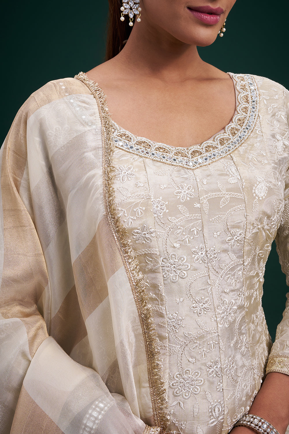 Cream Tissue Anarkali Suit with Resham and Sequin Work