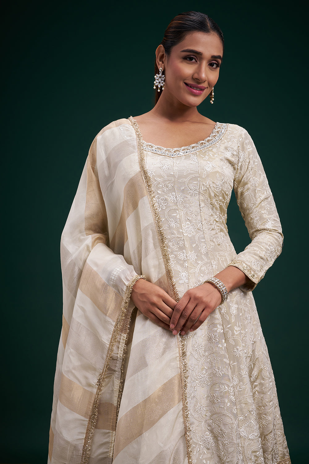 Cream Tissue Anarkali Suit with Resham and Sequin Work