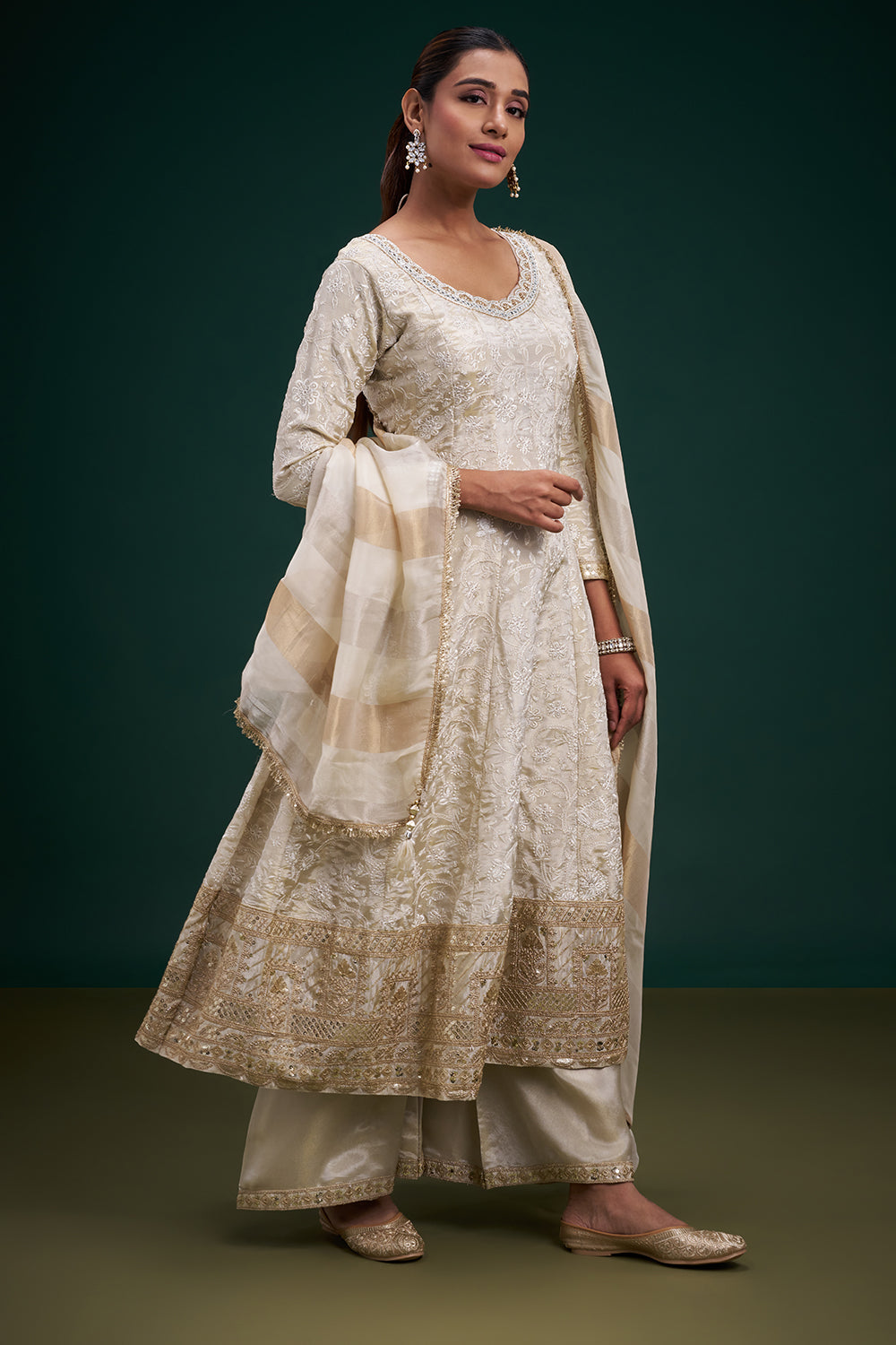 Cream Tissue Anarkali Suit with Resham and Sequin Work