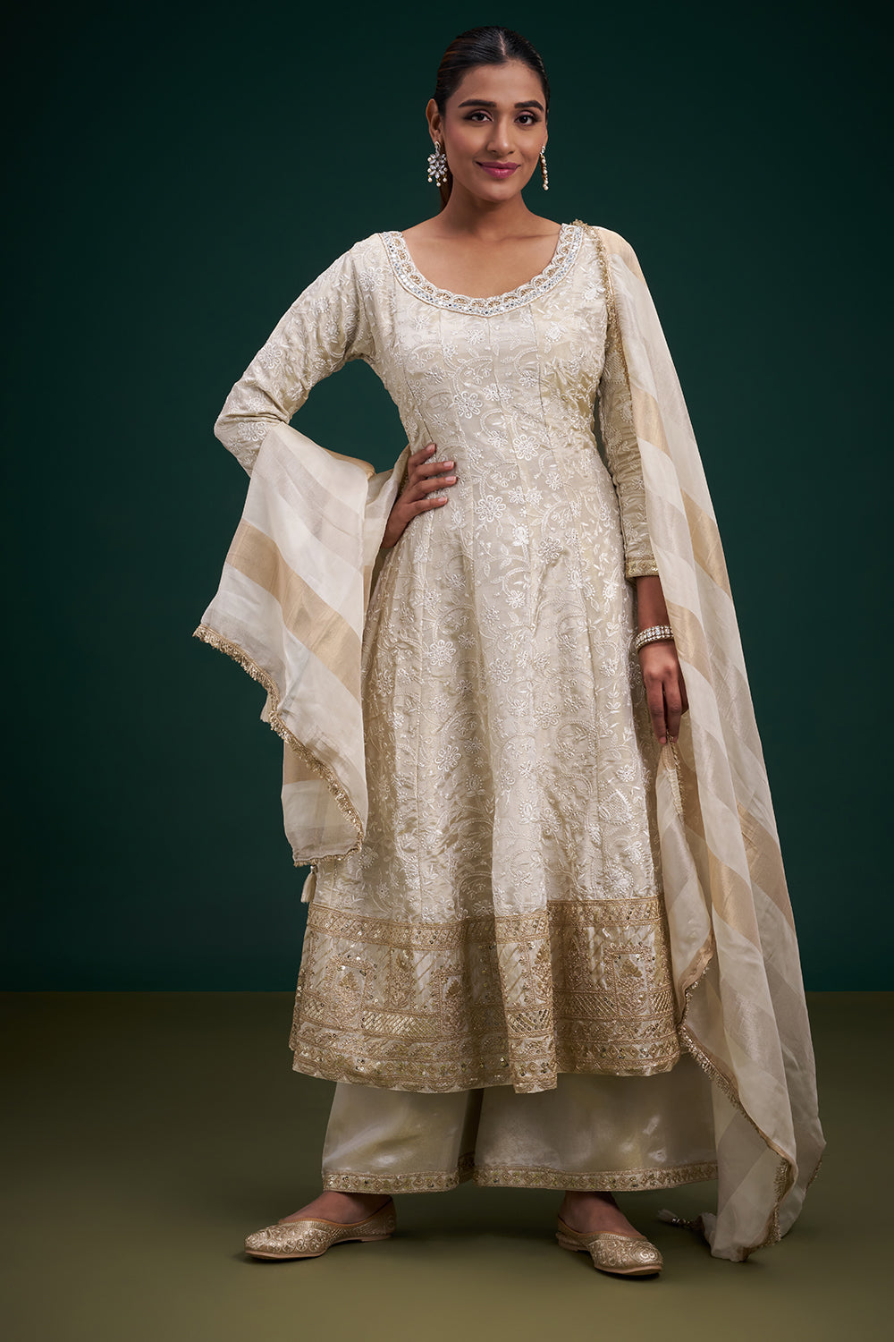 Cream Tissue Anarkali Suit with Resham and Sequin Work