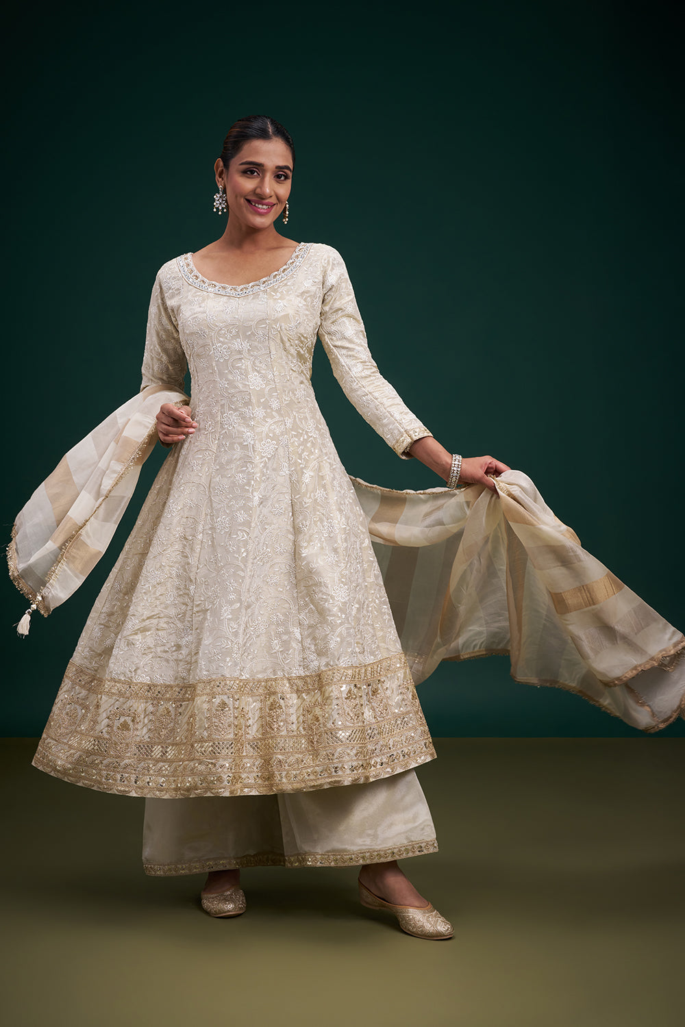 Cream Tissue Anarkali Suit with Resham and Sequin Work
