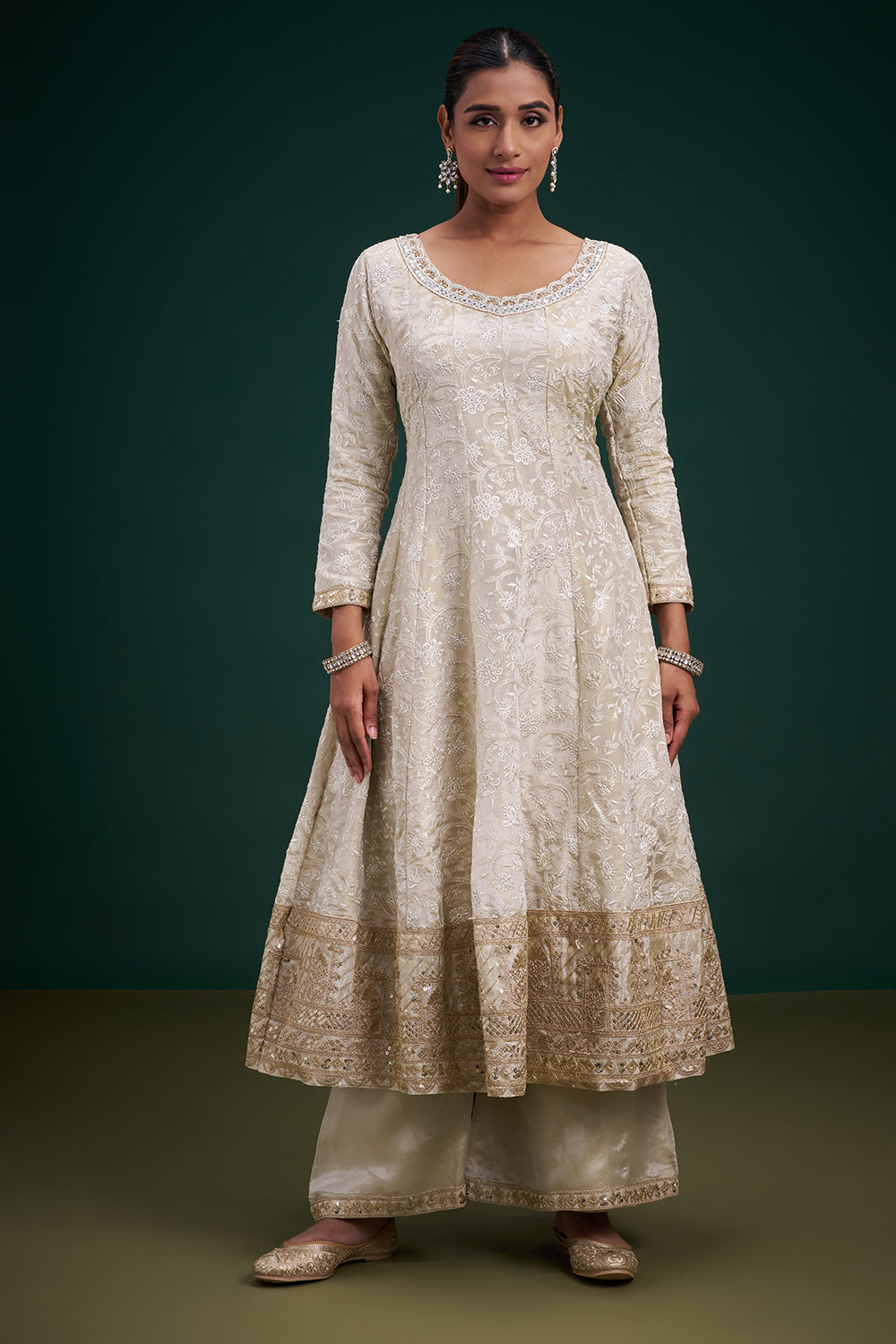 Cream Tissue Anarkali Suit with Resham and Sequin Work