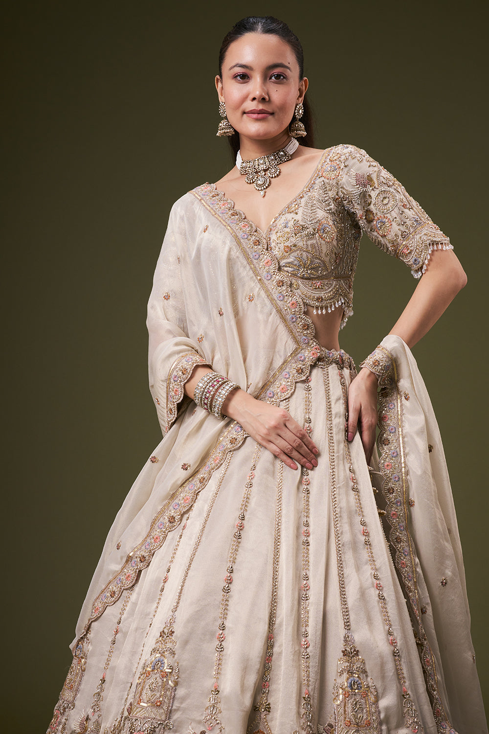 Cream Tissue Bridesmaid Lehenga with Resham and Sequin Work