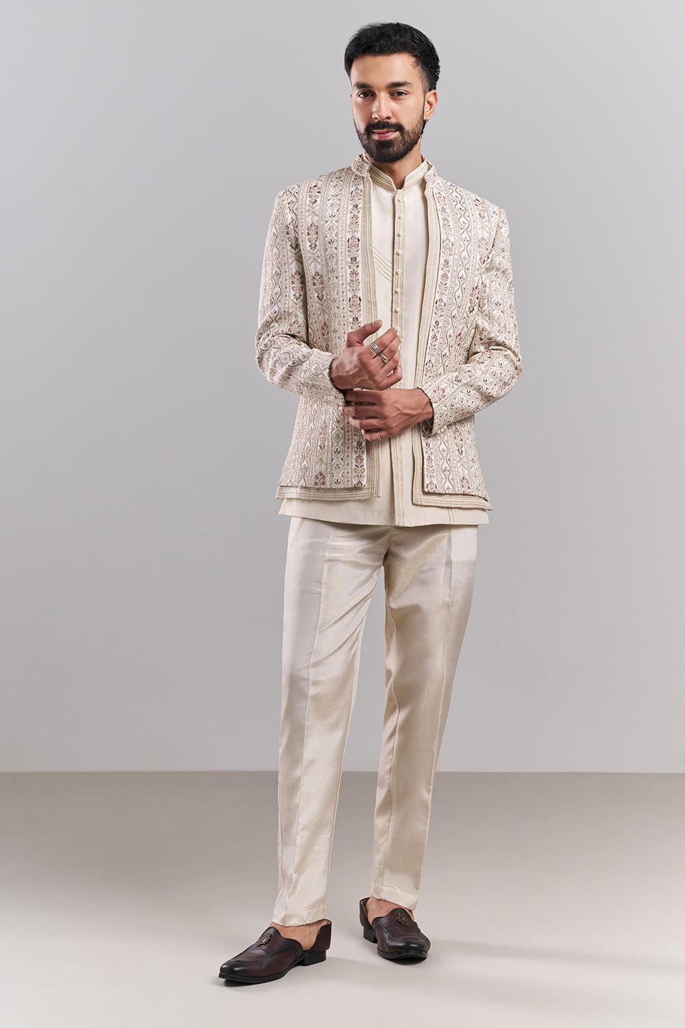 Cream Tissue Silk Embroidered Jodhpuri Set