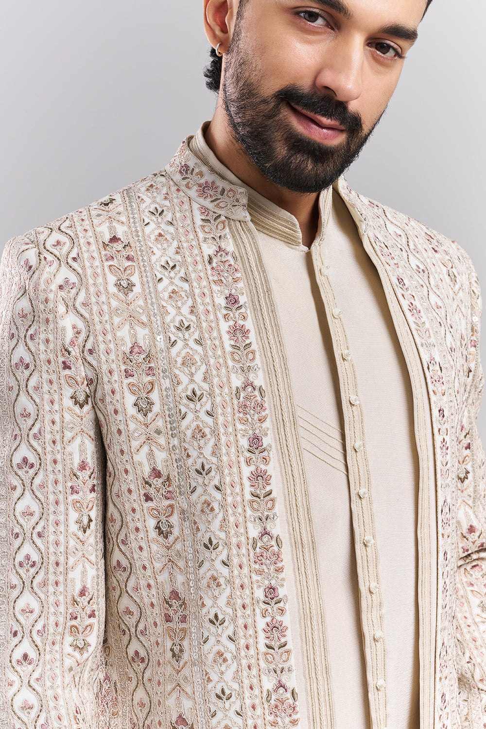 Cream Tissue Silk Embroidered Jodhpuri Set