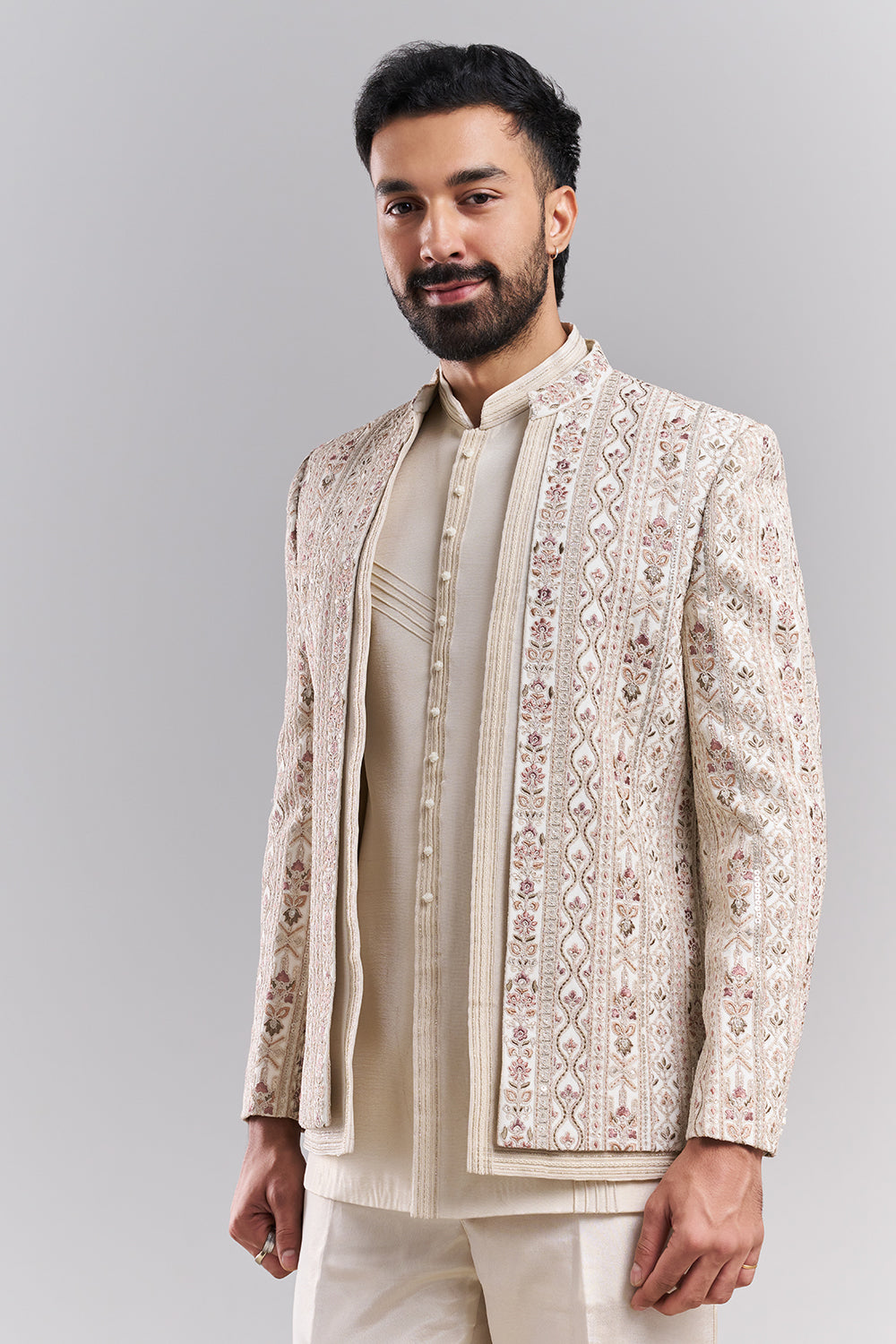 Cream Tissue Silk Embroidered Jodhpuri Set