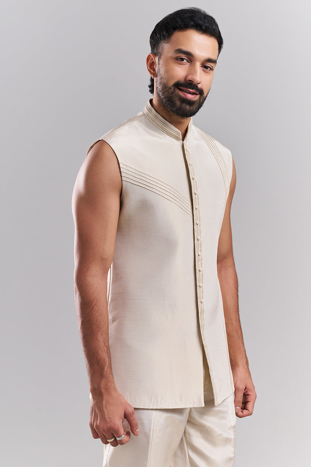 Cream Tissue Silk Embroidered Jodhpuri Set