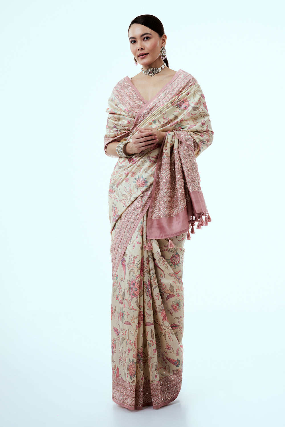 Cream Tussar Silk Saree with Floral Print