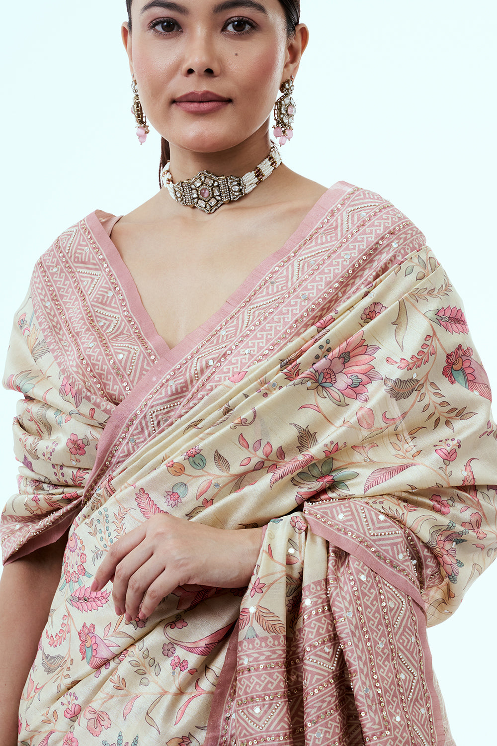 Cream Tussar Silk Saree with Floral Print