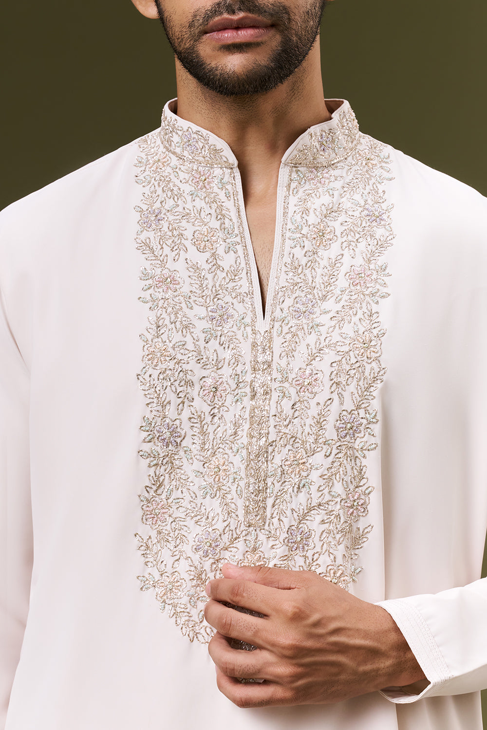 Cream White Georgette Mens Kurta Set with Pittan and Bead Work