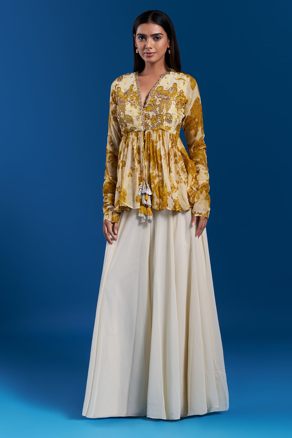 Cream Yellow Printed Peplum Lehenga Set with Sequin Work
