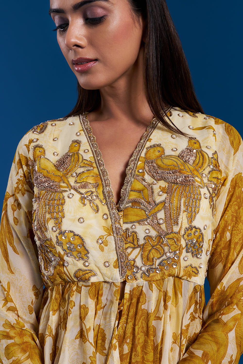 Cream Yellow Printed Peplum Lehenga Set with Sequin Work
