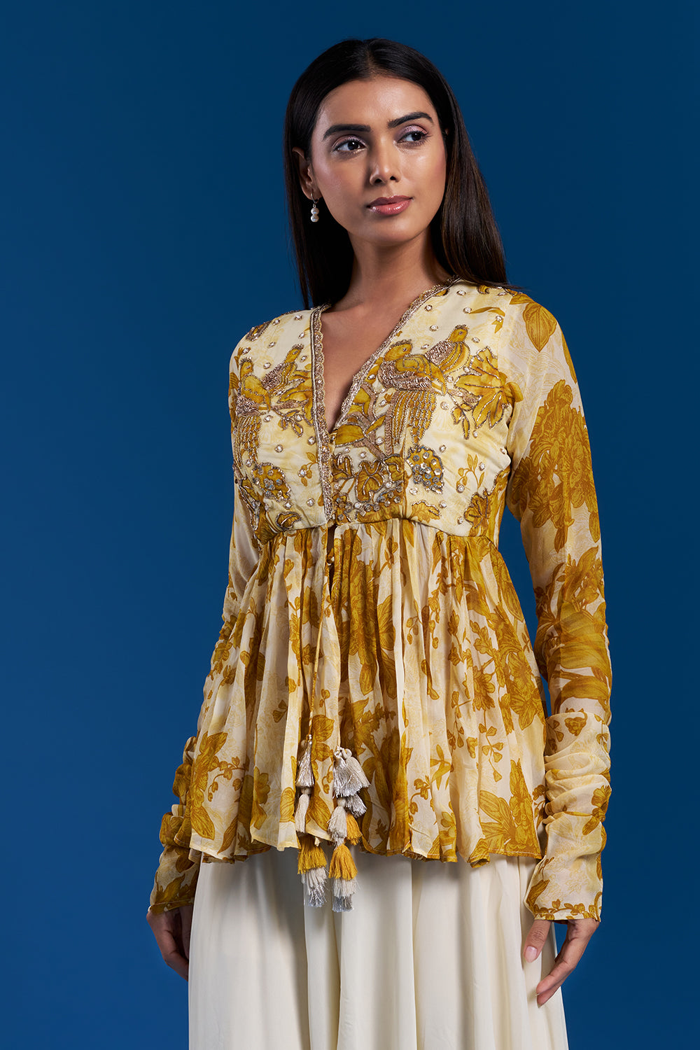 Cream Yellow Printed Peplum Lehenga Set with Sequin Work