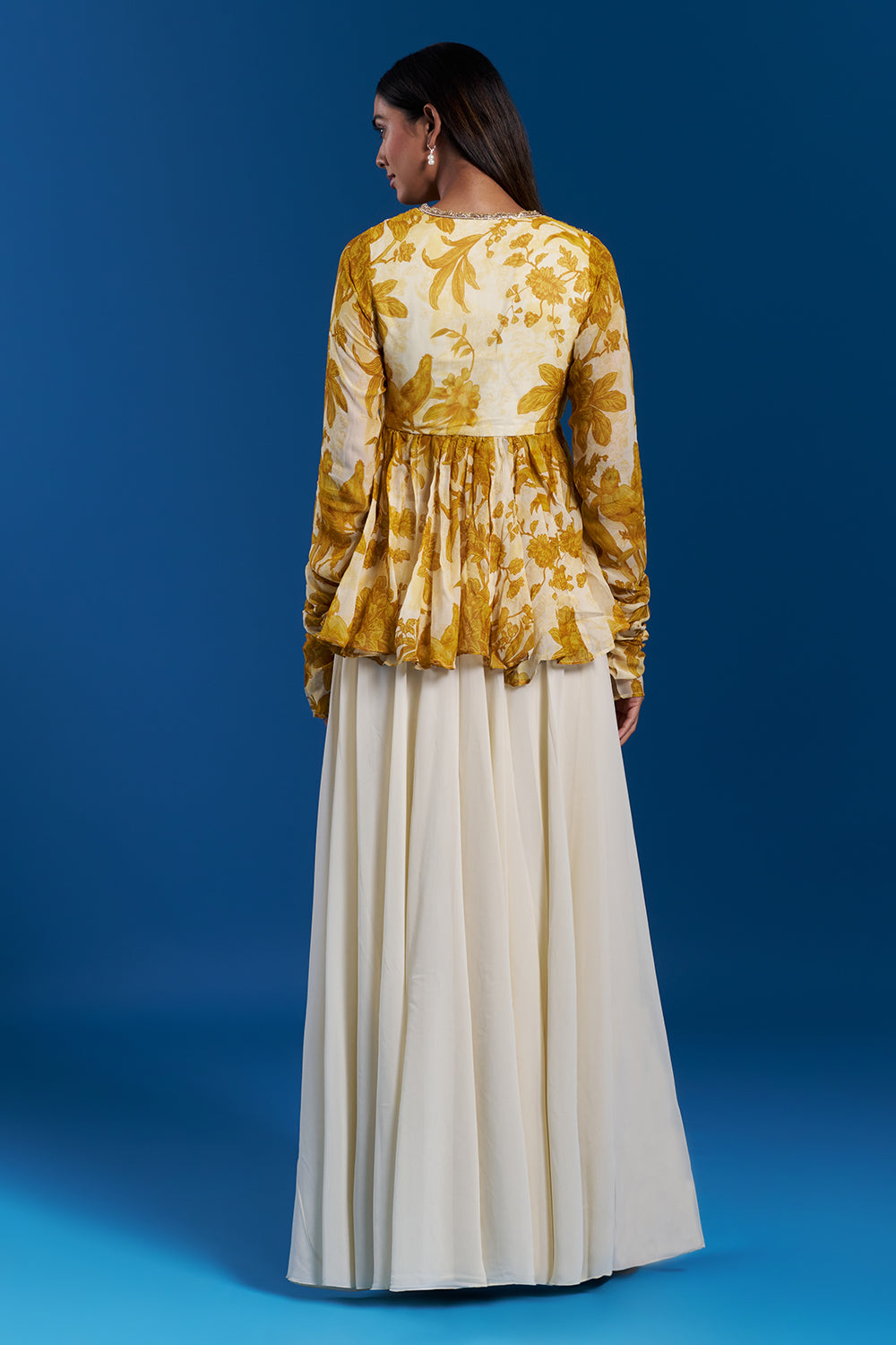 Cream Yellow Printed Peplum Lehenga Set with Sequin Work