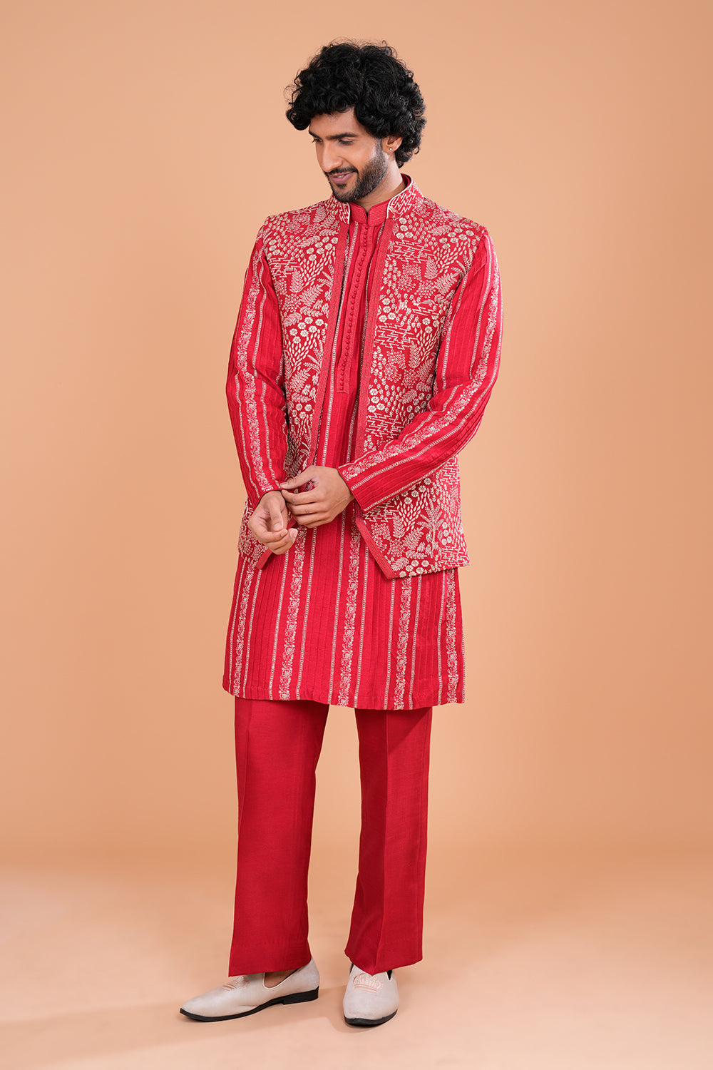 Crimson Embroidered Bundi Men's Kurta Set
