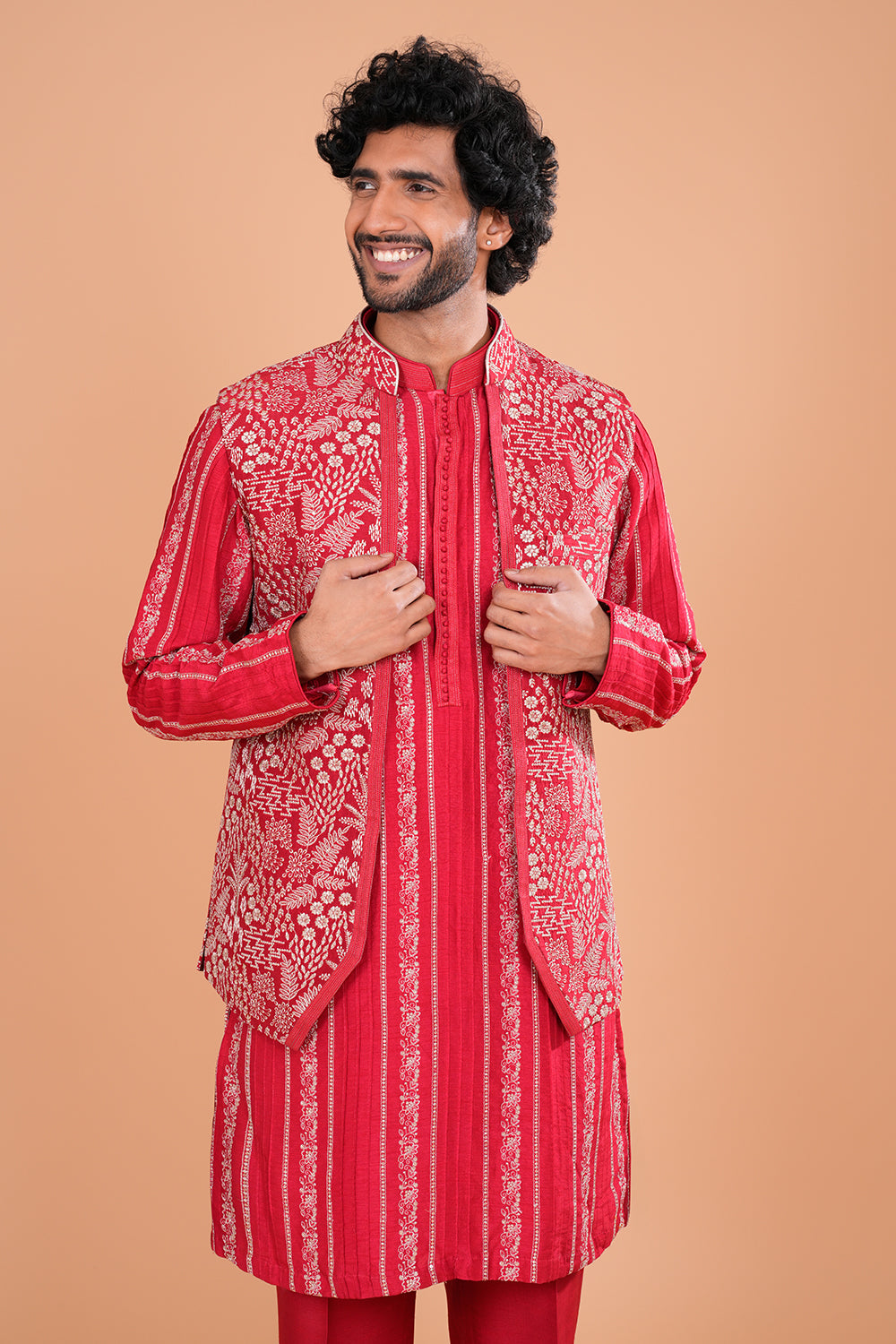 Crimson Embroidered Bundi Men's Kurta Set