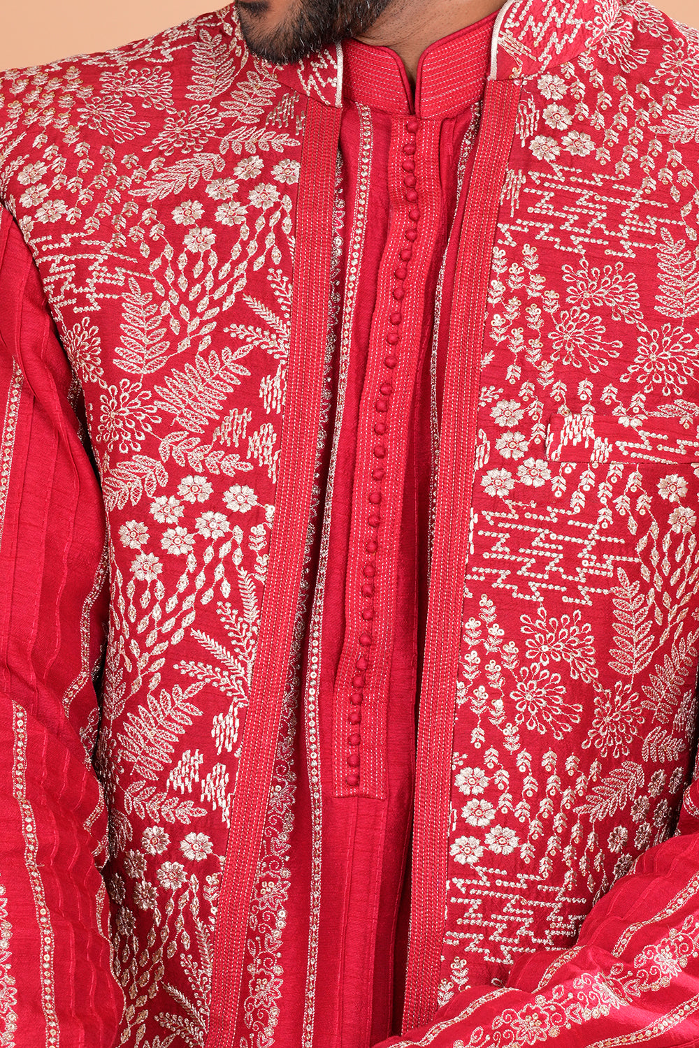 Crimson Embroidered Bundi Men's Kurta Set