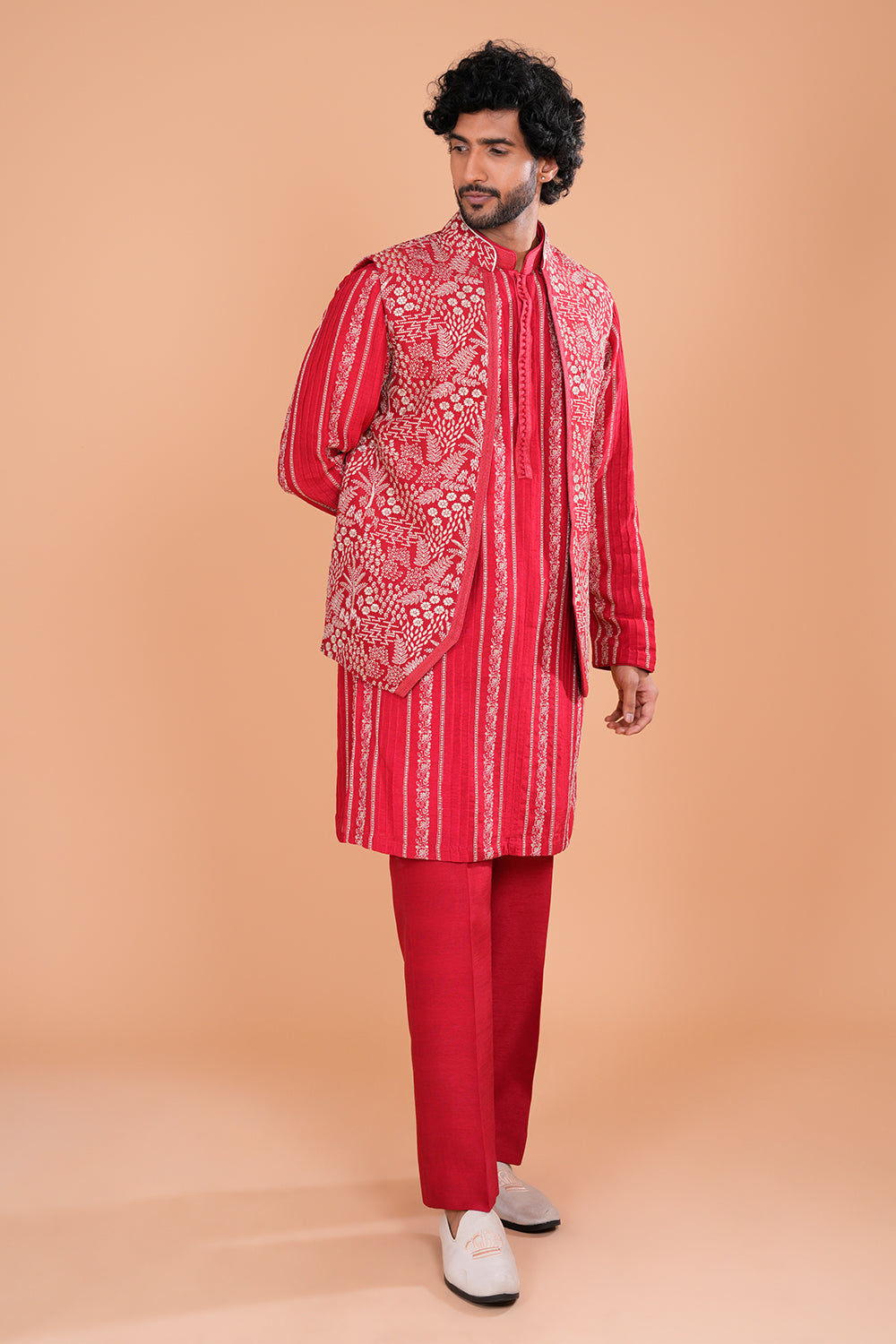 Crimson Embroidered Bundi Men's Kurta Set