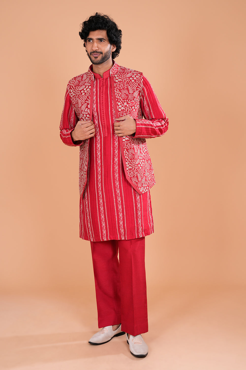 Crimson Embroidered Bundi Men's Kurta Set