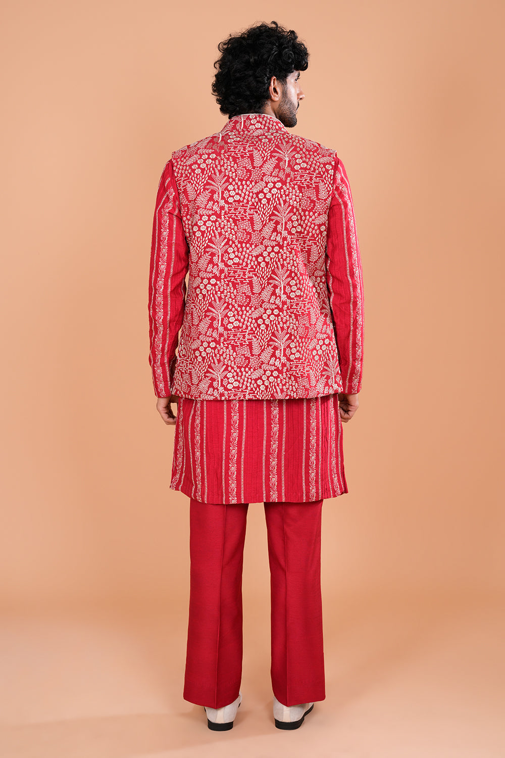 Crimson Embroidered Bundi Men's Kurta Set