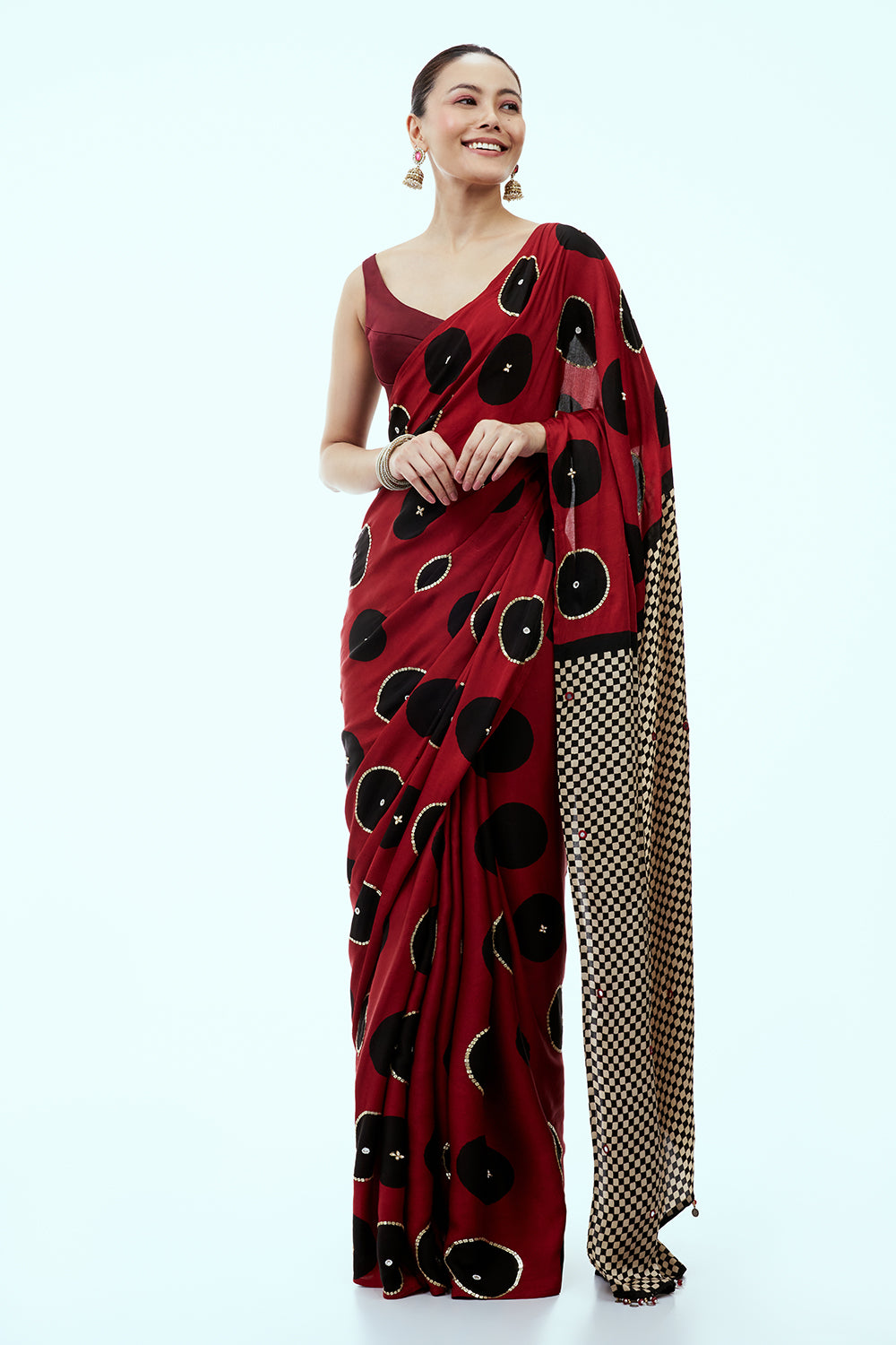 Crimson Red and Black Silk Print Saree and Unstitched Blouse