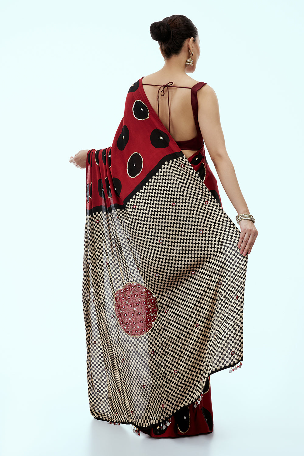 Crimson Red and Black Silk Print Saree and Unstitched Blouse