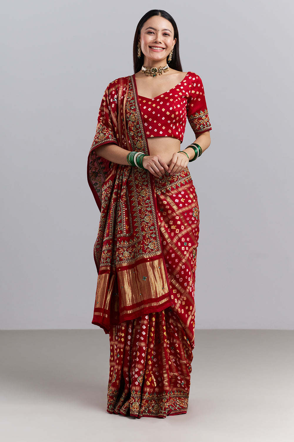 Crimson Red Bandhej Gharchola Saree