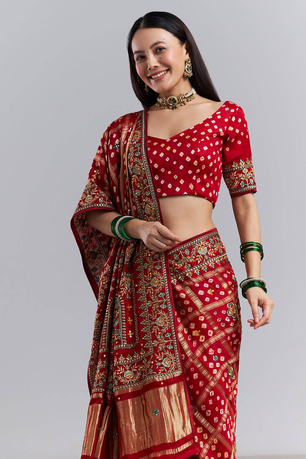 Crimson Red Bandhej Gharchola Saree