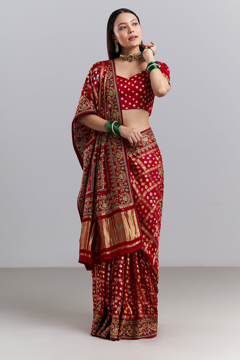 Crimson Red Bandhej Gharchola Saree
