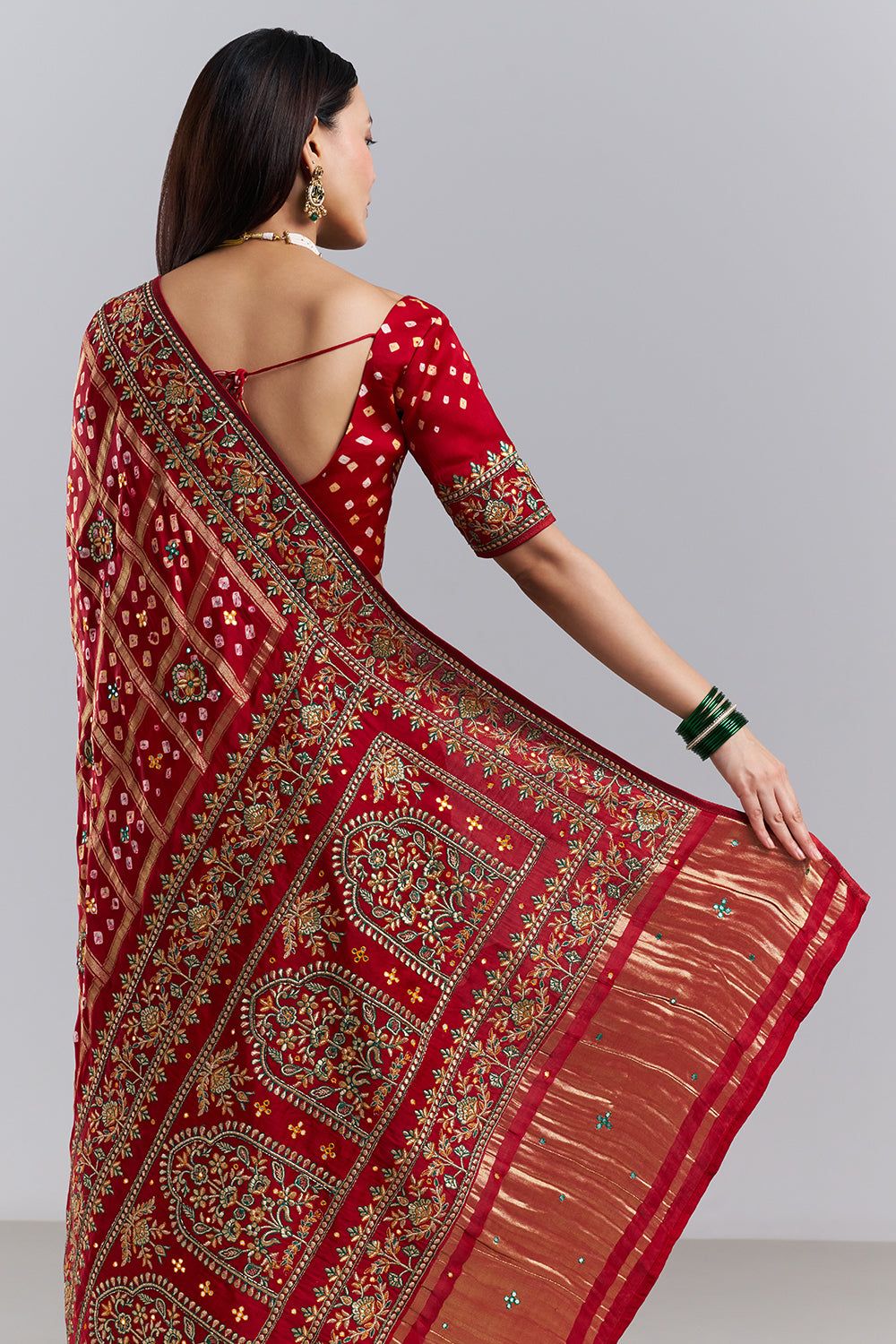 Crimson Red Bandhej Gharchola Saree