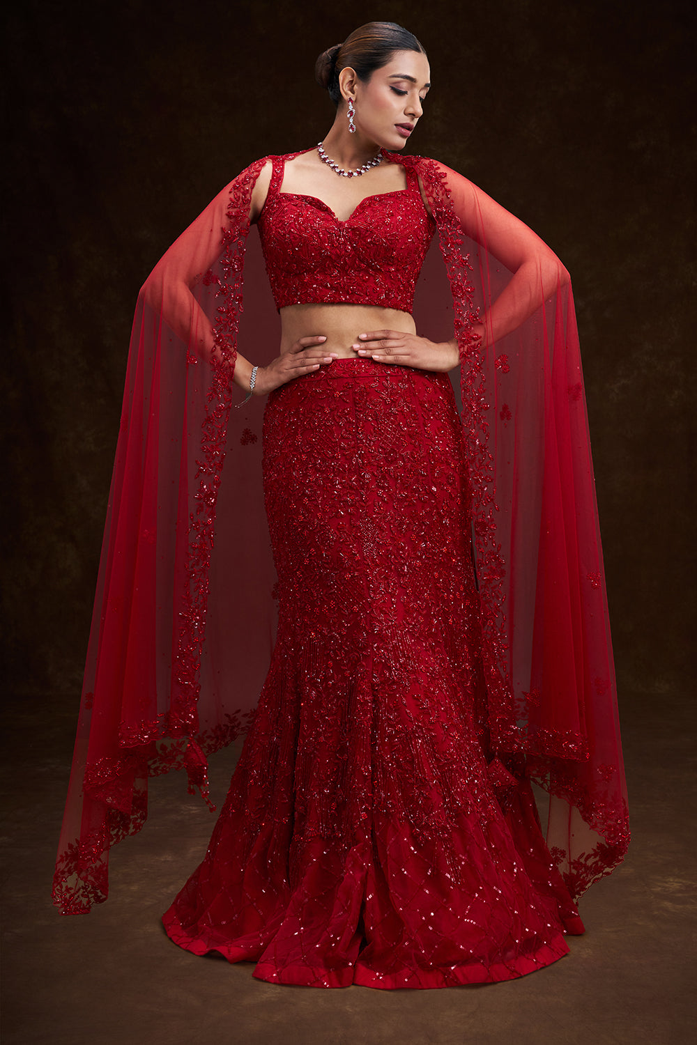 Crimson Red Net Bridal Lehenga with Cutdana Sequin and Bead Work