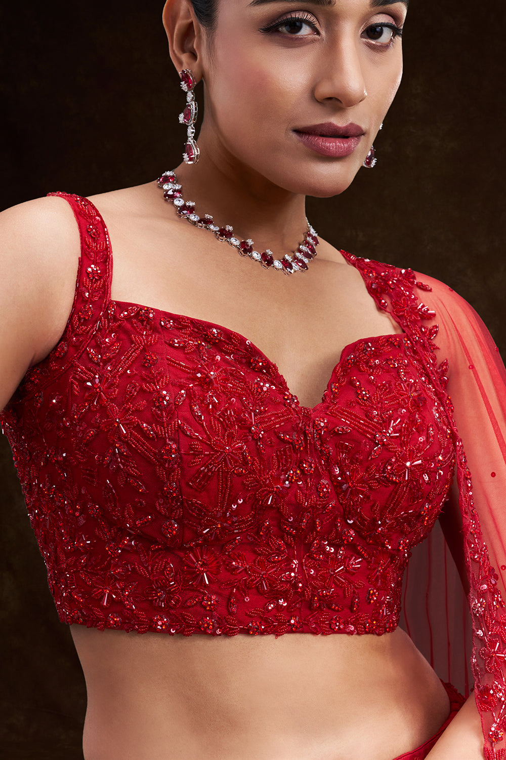 Crimson Red Net Bridal Lehenga with Cutdana Sequin and Bead Work