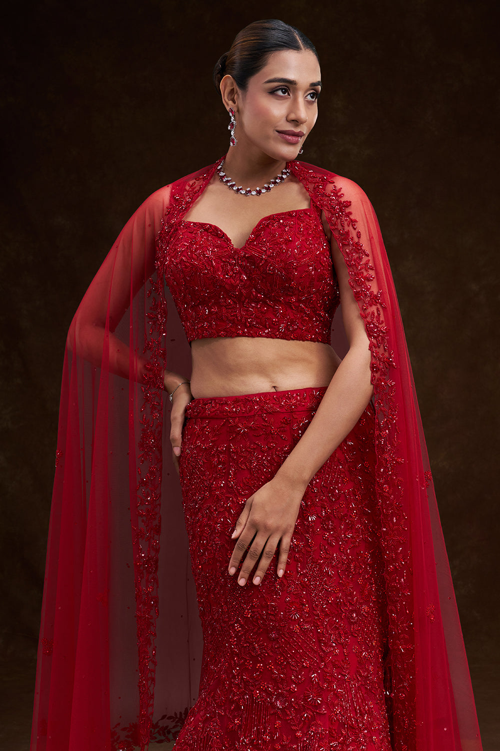 Crimson Red Net Bridal Lehenga with Cutdana Sequin and Bead Work