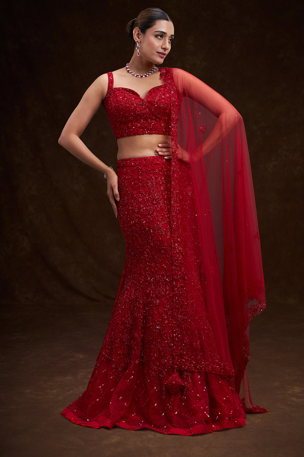 Crimson Red Net Bridal Lehenga with Cutdana Sequin and Bead Work