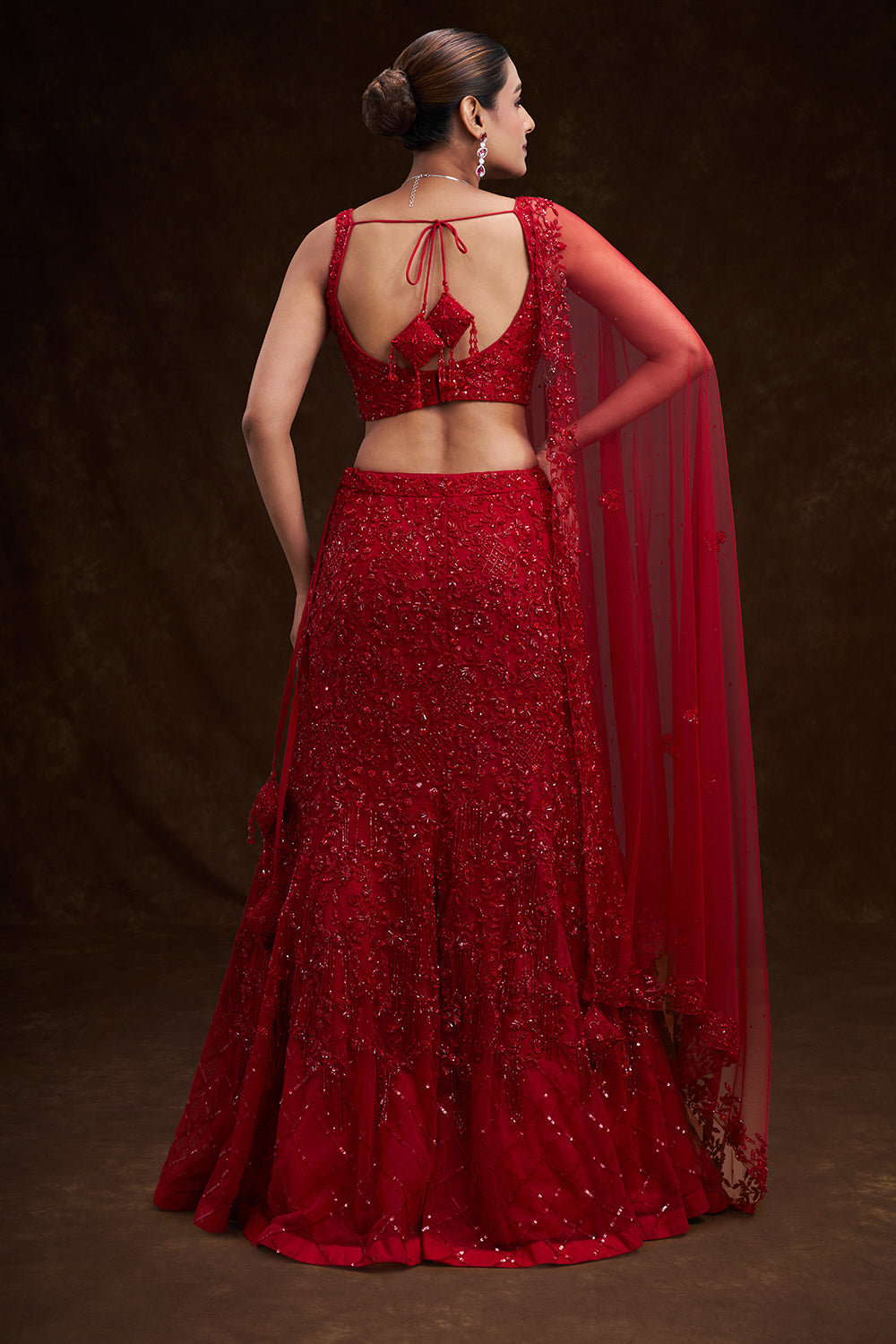 Crimson Red Net Bridal Lehenga with Cutdana Sequin and Bead Work