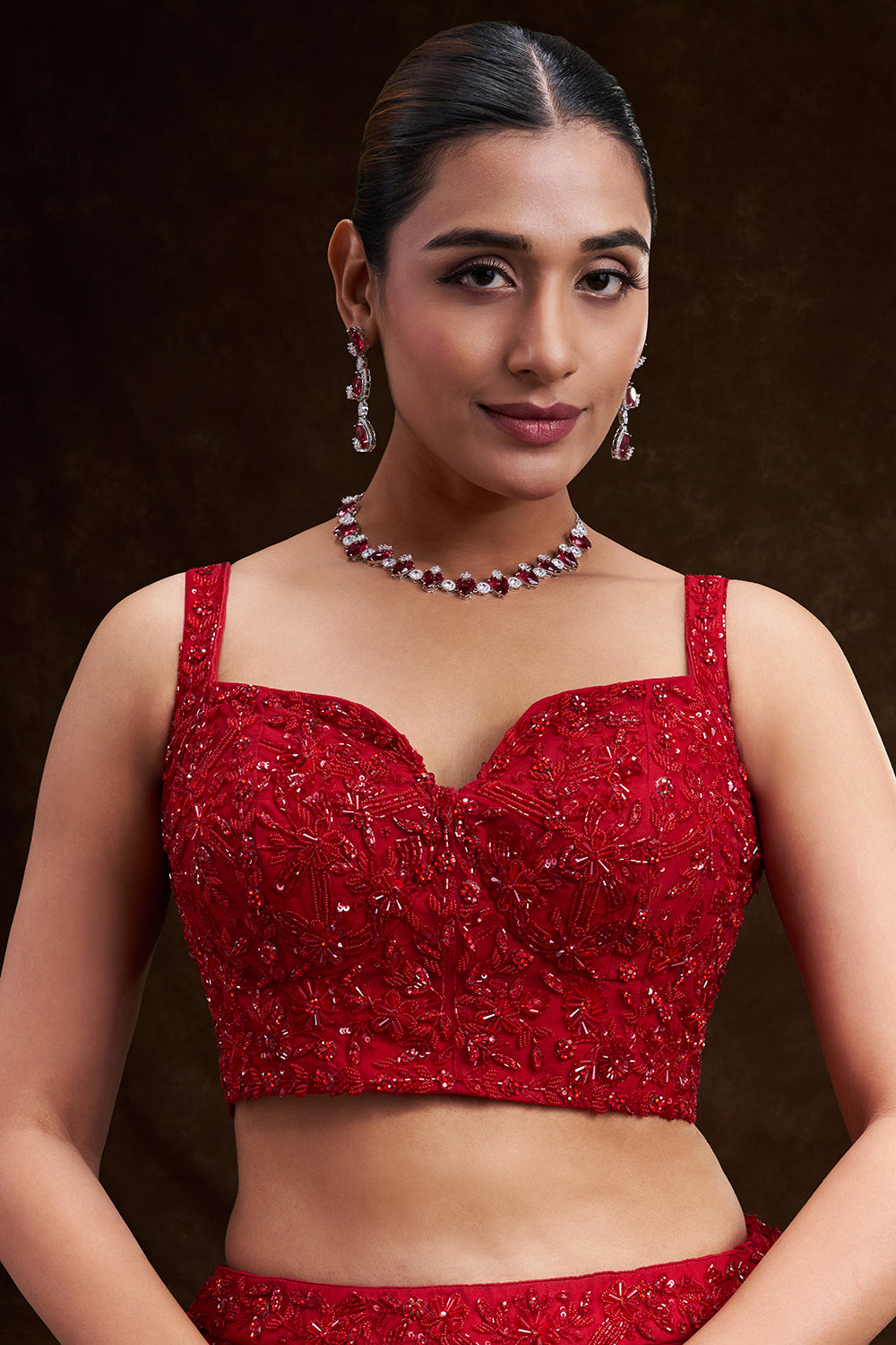 Crimson Red Net Bridal Lehenga with Cutdana Sequin and Bead Work