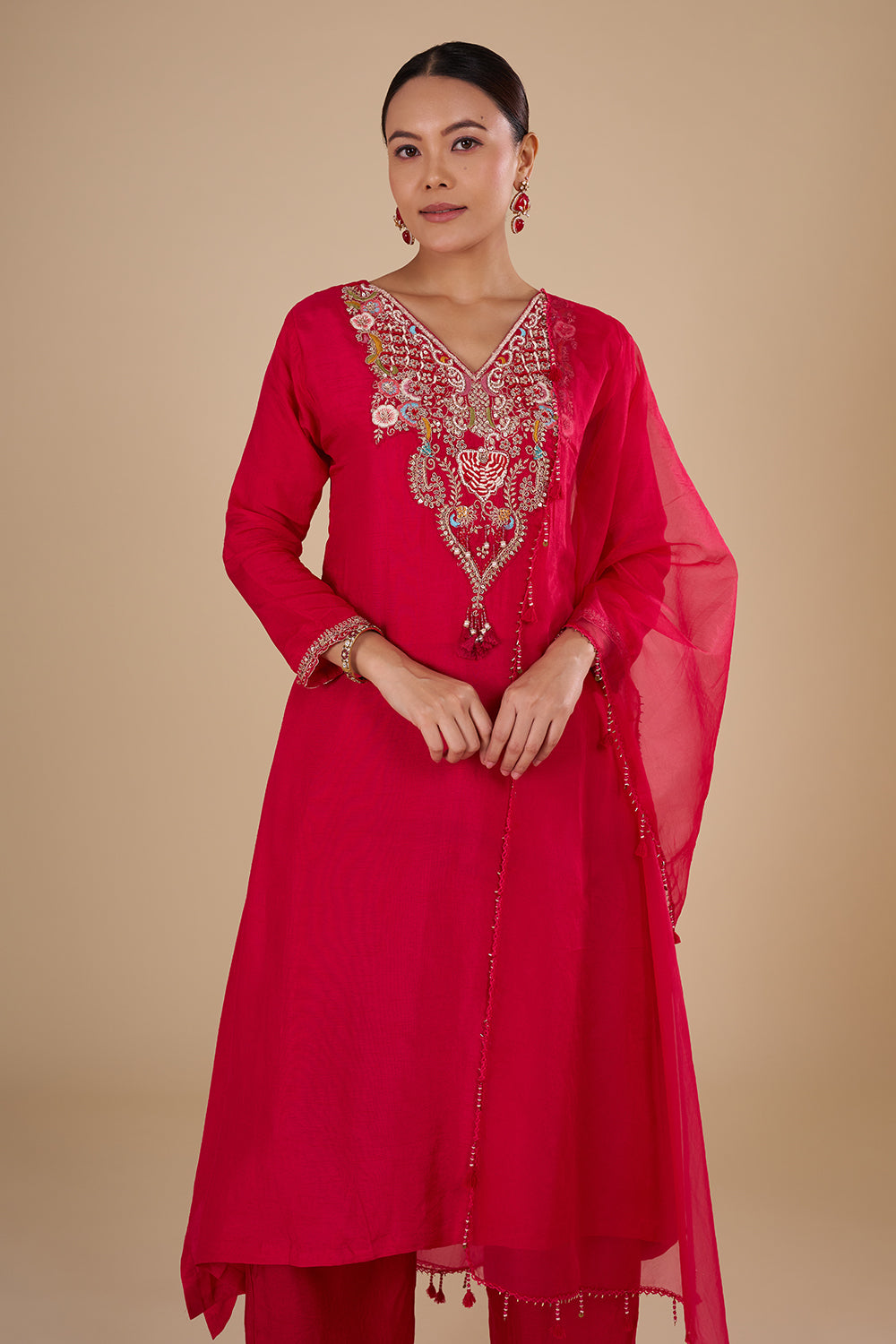 Crimson Red Silk Blend Kurta Set