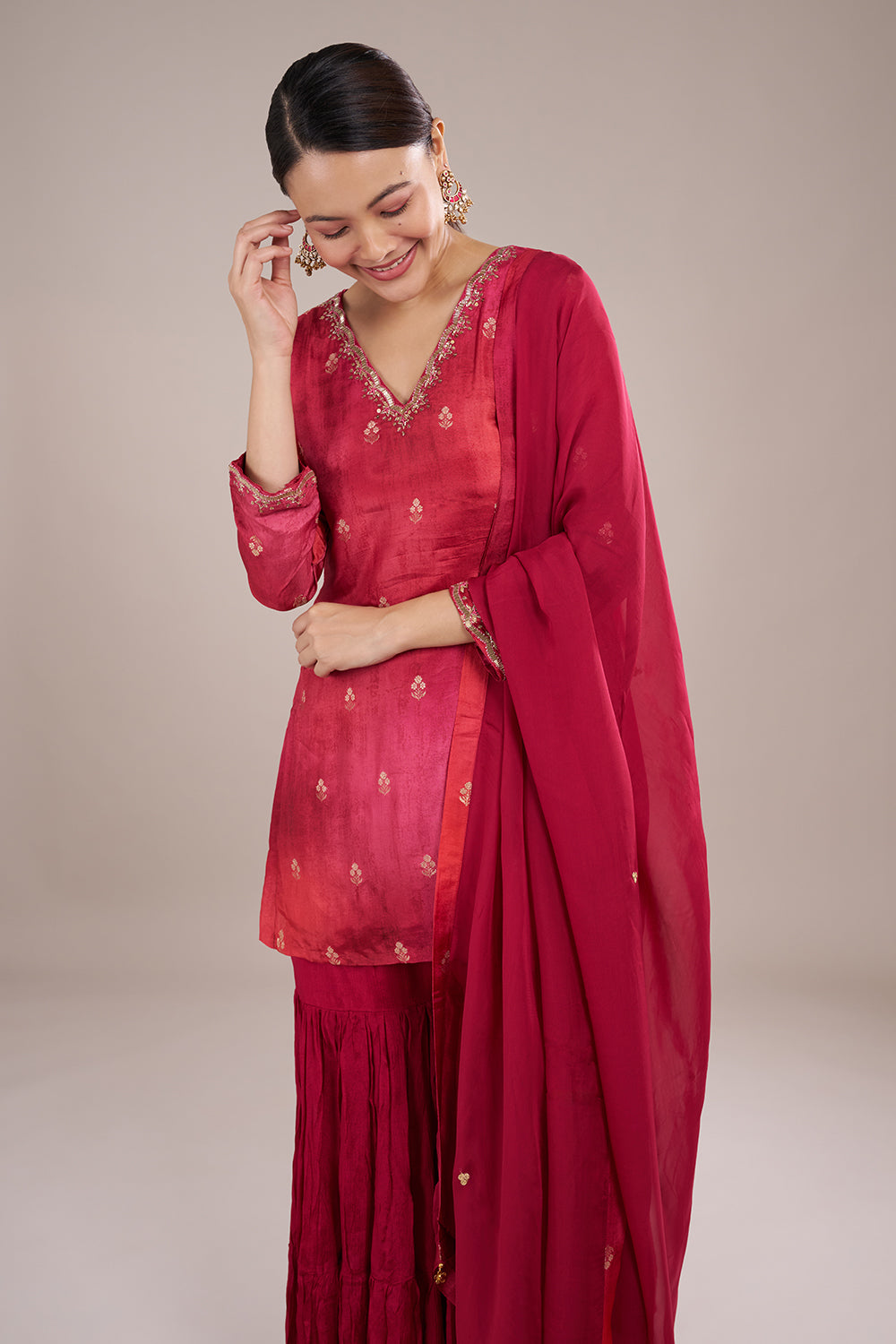 Crimson Red Silk Crepe Sharara Set with Resham Embroidery