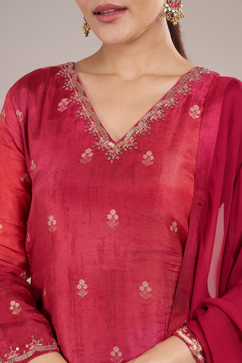 Crimson Red Silk Crepe Sharara Set with Resham Embroidery