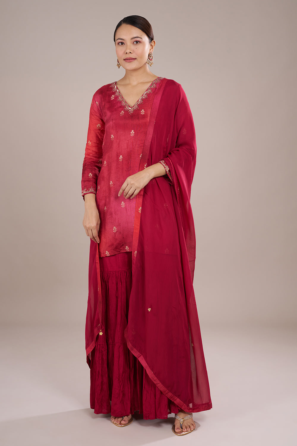 Crimson Red Silk Crepe Sharara Set with Resham Embroidery