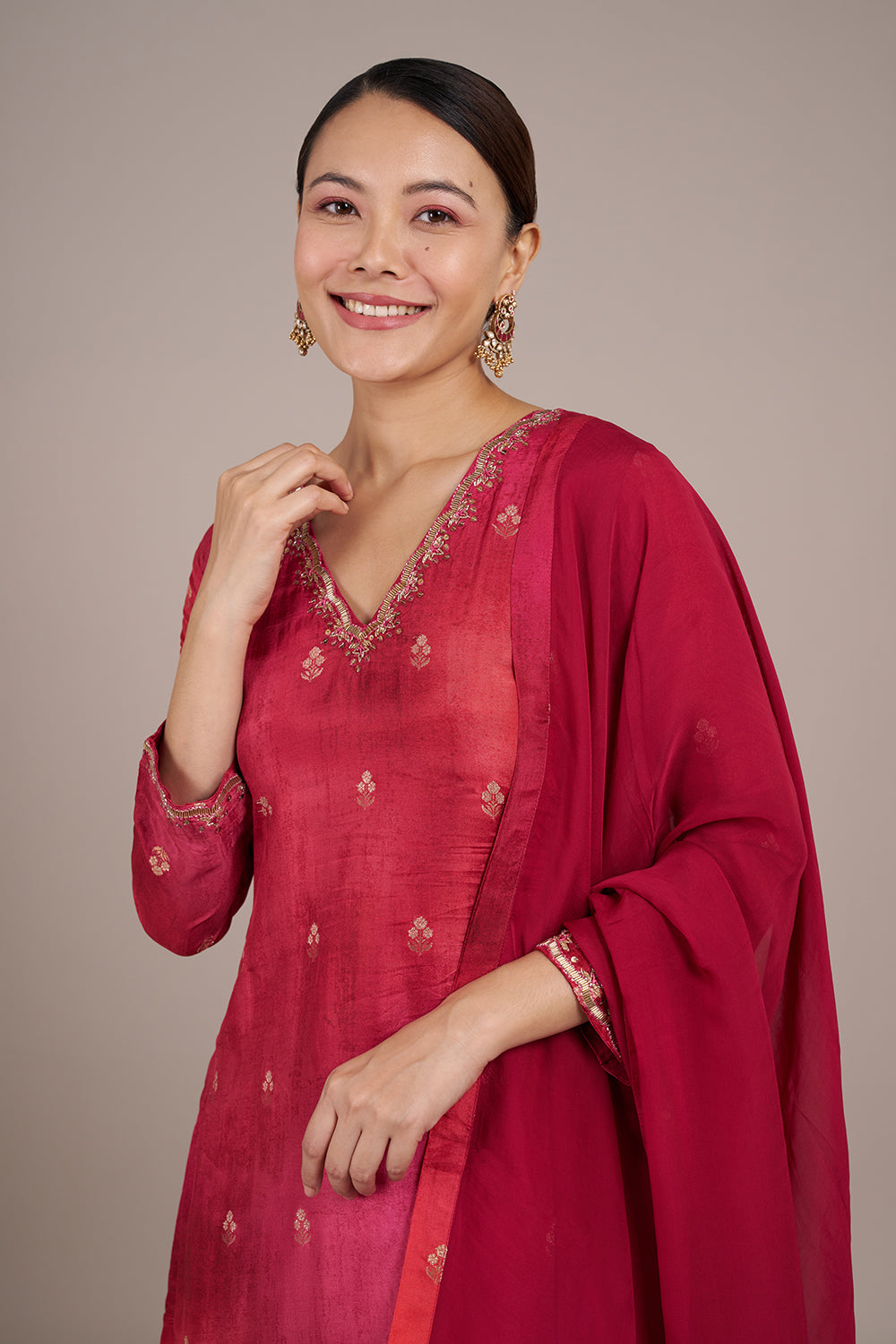 Crimson Red Silk Crepe Sharara Set with Resham Embroidery