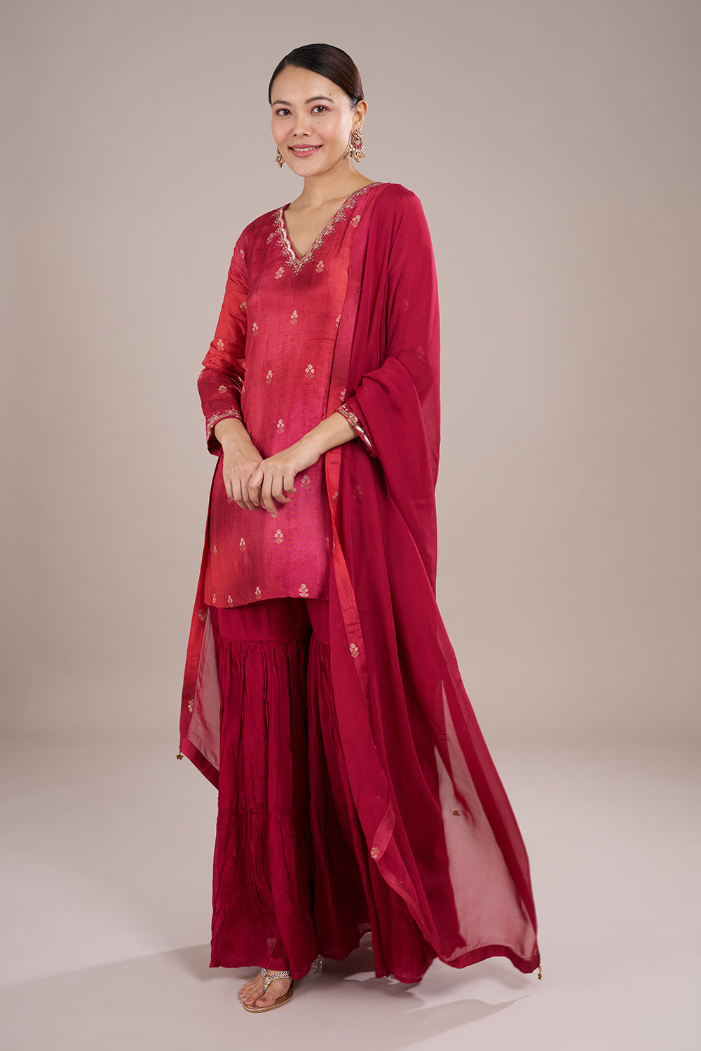 Crimson Red Silk Crepe Sharara Set with Resham Embroidery