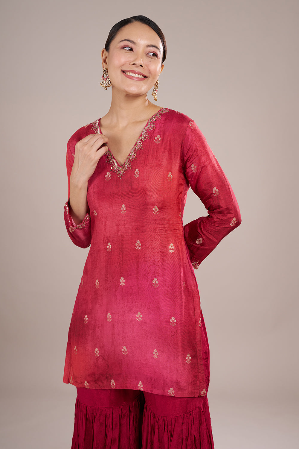 Crimson Red Silk Crepe Sharara Set with Resham Embroidery